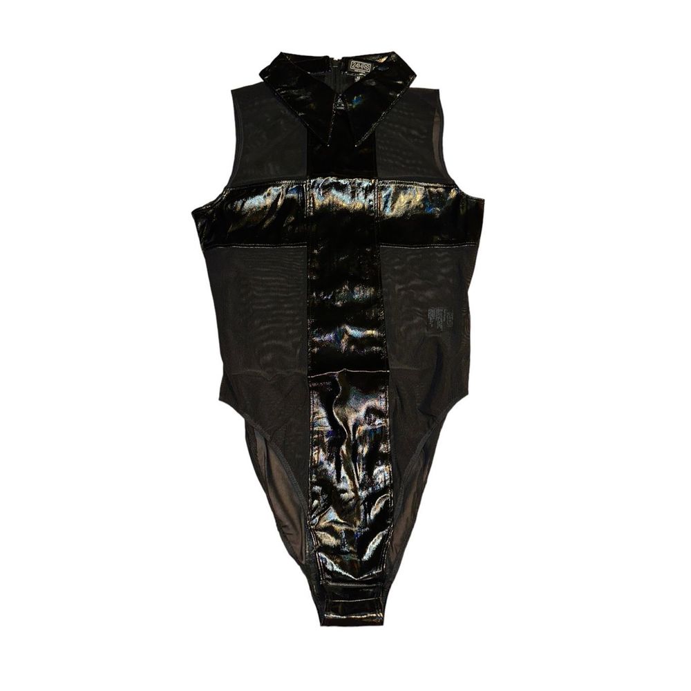 Dolls Kill Black Shiny Panel Sleeveless Mock-Collar Bodysuit